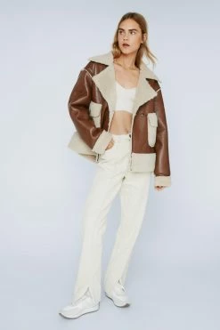 Faux Leather Borg Lined Aviator Coat