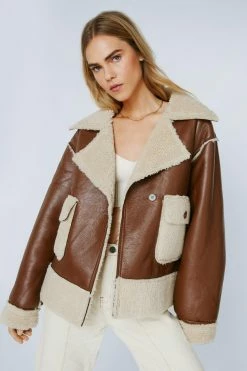 Faux Leather Borg Lined Aviator Coat -Nasty Gal Sales Store Sales womens tan faux leather borg lined aviator coat 3