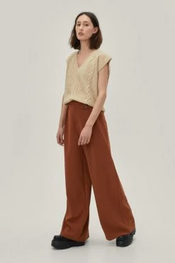 Pleated Button Detail Tailored Wide Leg Pants