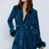 Premium Velvet Feather Cuff Tie Waist Blazer