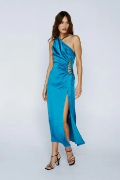 Satin Lace Up One Shoulder Maxi Dress -Nasty Gal Sales Store Sales womens teal satin lace up one shoulder maxi dress 3