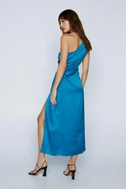 Satin Lace Up One Shoulder Maxi Dress -Nasty Gal Sales Store Sales womens teal satin lace up one shoulder maxi dress 6