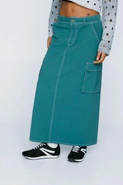 Twill Cargo Pocket Low Rise Midi Skirt