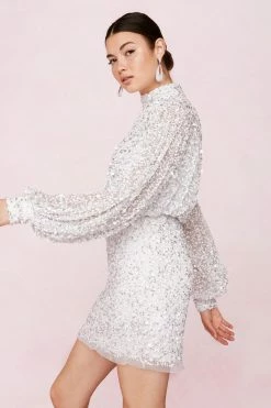 Balloon Sleeve Sequin Embellished Mini Dress 17 Balloon Sleeve Sequin Embellished Mini Dress -Nasty Gal Sales Store Sales womens white balloon sleeve sequin embellished mini dress 7