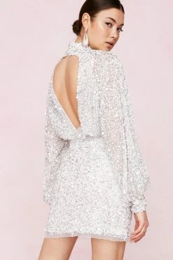 Balloon Sleeve Sequin Embellished Mini Dress 19 Balloon Sleeve Sequin Embellished Mini Dress -Nasty Gal Sales Store Sales womens white balloon sleeve sequin embellished mini dress 9