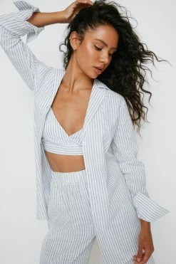 Cotton Stripe 3 Pc Shirt And Pants Pajama Set 6 Cotton Stripe 3 Pc Shirt And Pants Pajama Set -Nasty Gal Sales Store Sales womens white cotton stripe 3 pc shirt and pants pajama set 2