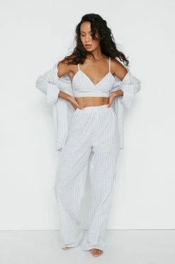 Cotton Stripe 3 Pc Shirt And Pants Pajama Set