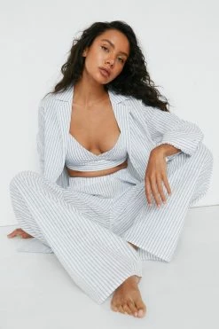Cotton Stripe 3 Pc Shirt And Pants Pajama Set 7 Cotton Stripe 3 Pc Shirt And Pants Pajama Set -Nasty Gal Sales Store Sales womens white cotton stripe 3 pc shirt and pants pajama set 3