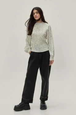 Dainty Floral Print Shirred Long Sleeve Blouse