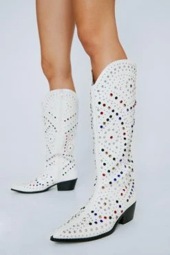 Faux Leather Embellished Cowboy Boots 7 Faux Leather Embellished Cowboy Boots -Nasty Gal Sales Store Sales womens white faux leather embellished cowboy boots 3
