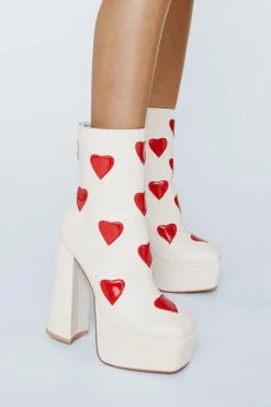 Faux Leather Heart Platform Ankle Boot