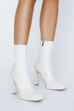 Faux Leather Square Toe Platform Sock Boots -Nasty Gal Sales Store Sales womens white faux leather square toe platform sock boots 1 3