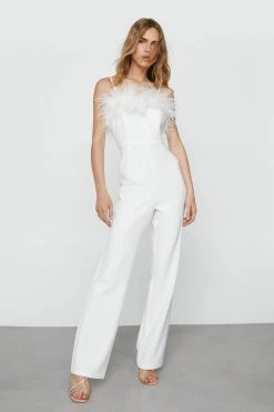 Feather Trimmed Flared Jumpsuit -Nasty Gal Sales Store Sales womens white feather trimmed flared jumpsuit 1
