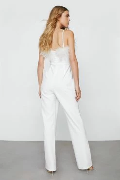 Feather Trimmed Flared Jumpsuit -Nasty Gal Sales Store Sales womens white feather trimmed flared jumpsuit 2