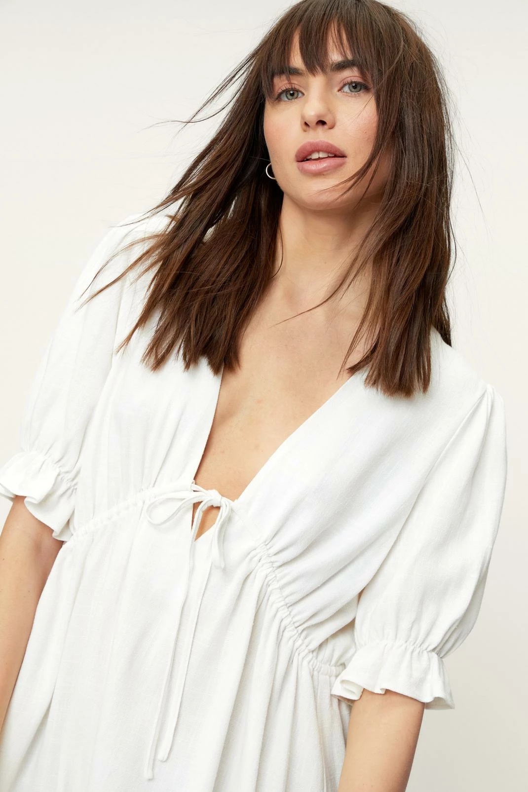 Linen V Neck Puff Sleeve Mini Dress 2 Linen V Neck Puff Sleeve Mini Dress - Image 2