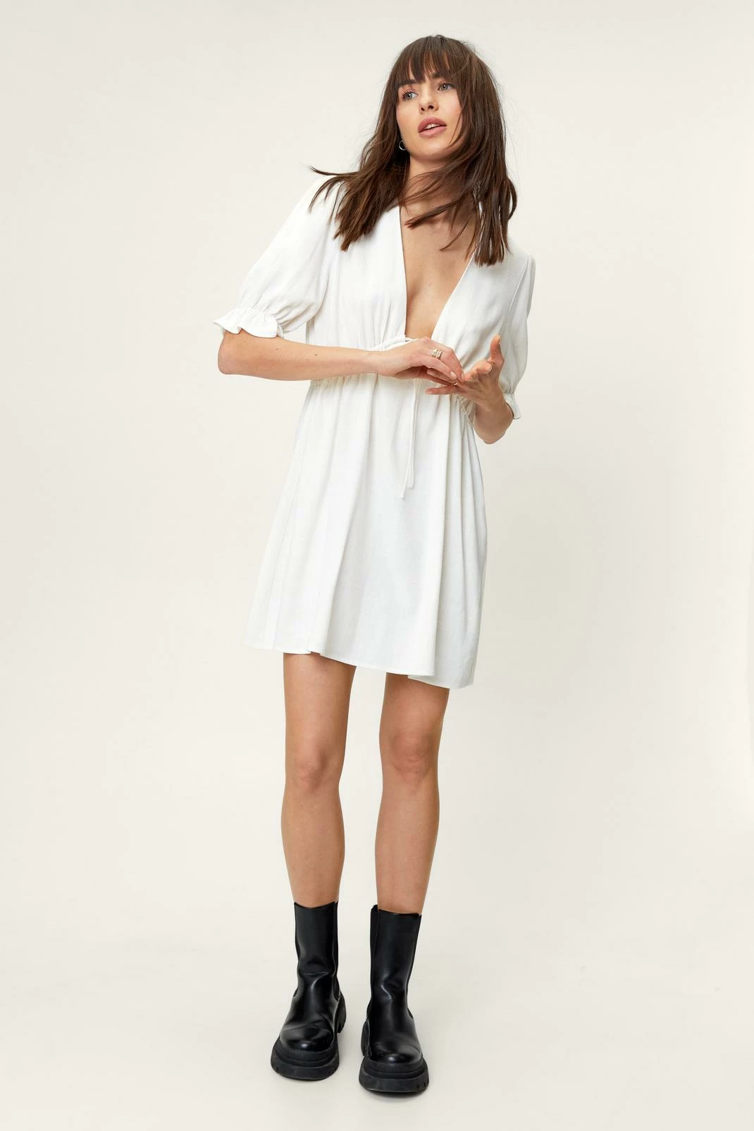 Linen V Neck Puff Sleeve Mini Dress 4 Linen V Neck Puff Sleeve Mini Dress - Image 4
