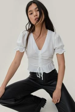 Ruched Tie Front Cropped Smock Top -Nasty Gal Sales Store Sales womens white ruched tie front cropped smock top 3
