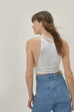 Satin Lace Trim Cut Out Cami Top -Nasty Gal Sales Store Sales womens white satin lace trim cut out cami top 2