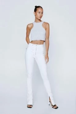 Split Hem Zip Front Button Detail Jeans -Nasty Gal Sales Store Sales womens white split hem zip front button detail jeans 3