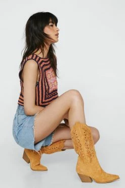 Faux Suede Cut Out Cowboy Boots -Nasty Gal Sales Store Sales womens yellow faux suede cut out cowboy boots 3