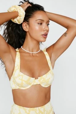 Textured Floral Tie Shoulder Bikini 3pc -Nasty Gal Sales Store Sales womens yellow textured floral tie shoulder bikini 3pc 2